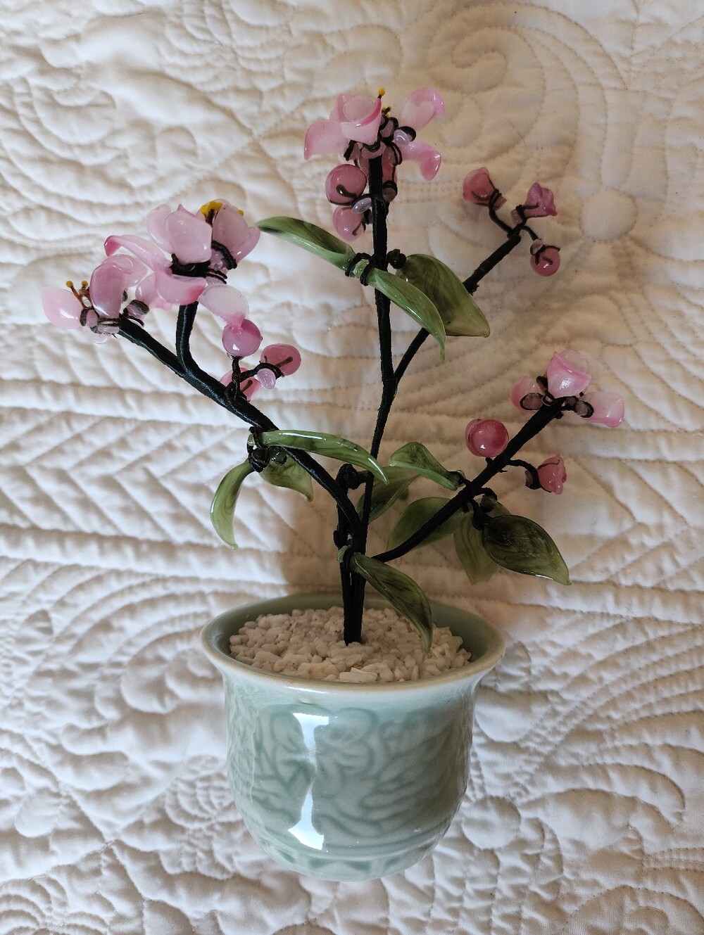 Vintage Pink & Jade Glass Floral Bonsai Tree Ceylon Green Pot - 8" Approx.